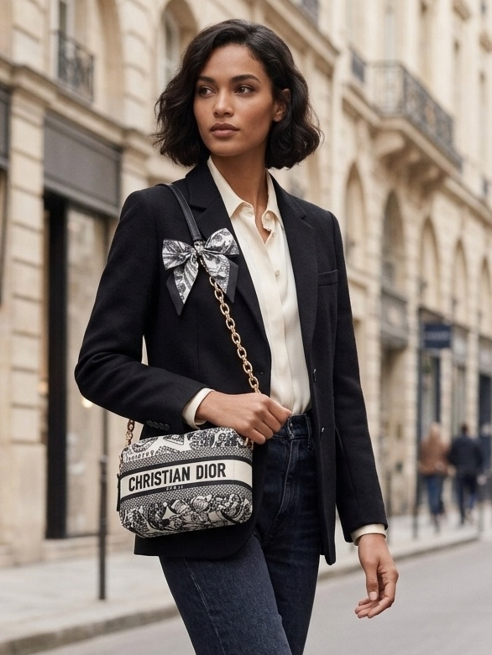 Dior Black & White Logo Canvas Mini Camera Bag with Gold Chain